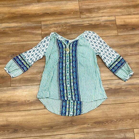 New Direction Women’s Blue and Green Bohemian Top with Rhinestones Size S - Picture 1 of 6